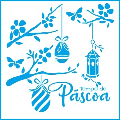 Desenho azul de Páscoa com ovos, flores, borboletas e candelabro