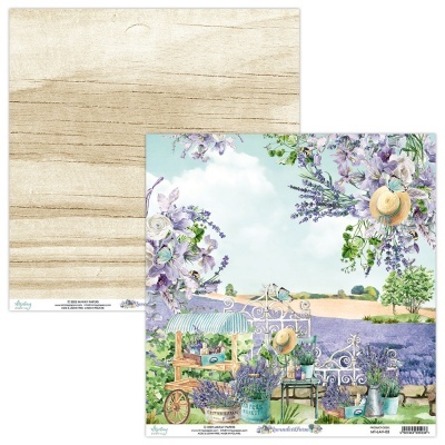 Papel decorativo com ilustração de jardim e padrão de madeira