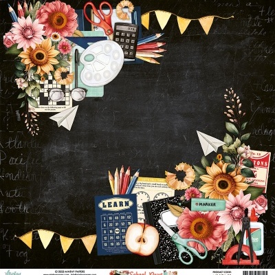 Moldura escolar com flores, material escolar e fundo preto com escrita manuscrita.