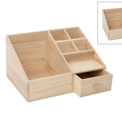 Organizador de madeira com compartimentos e gaveta