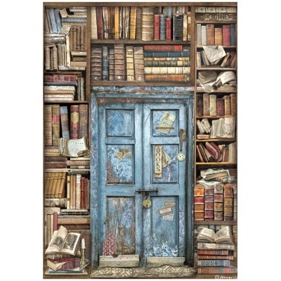 Estante de livros antigos em torno de uma porta antiga azul