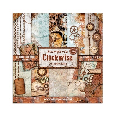 Folhas de scrapbooking Stamperia Clockwise com temas de relógios e engrenagens, cores castanhas e azuis