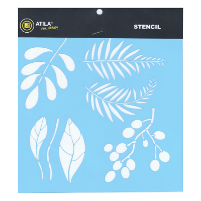 Stencil azul com desenhos de folhas e ramos, embalagem preta com textos