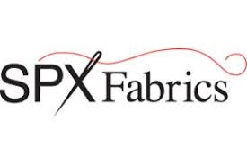 Logótipo preto e vermelho da SPX Fabrics com agulha de costura e linha vermelha