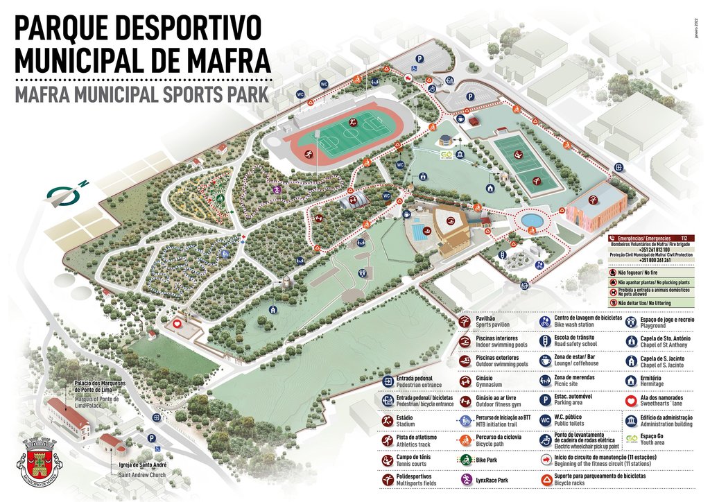 Mapa ilustrado do Parque Desportivo Municipal de Mafra com áreas desportivas e verdes.