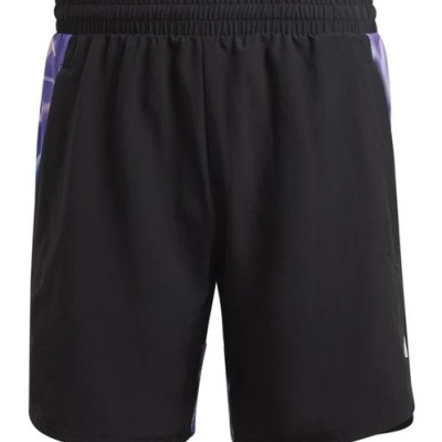 Calções desportivos pretos com detalhes laterais em roxo e lilás