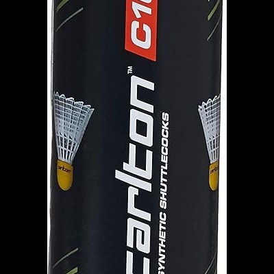 Lata preta e amarela de petecas syntéticas Carlton C100.