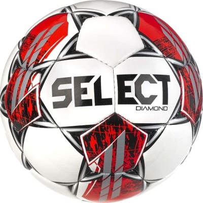 Bola de futebol branca com detalhes vermelhos e pretos e texto SELECT DIAMOND