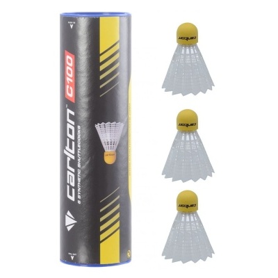 Volantes de badminton Carlton G100 com cabeça amarela e saia branca numa lata preta e amarela