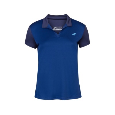 Polo desportivo feminino azul com gola e mangas em azul escuro e logo Babolat azul claro.