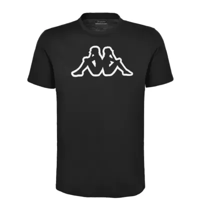 Camiseta preta com logótipo branco de duas figuras sentadas costas com costas