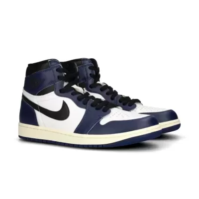 Sapatilhas Nike Air Jordan 1 brancas, azuis escuras e pretas em couro com sola branca e preta