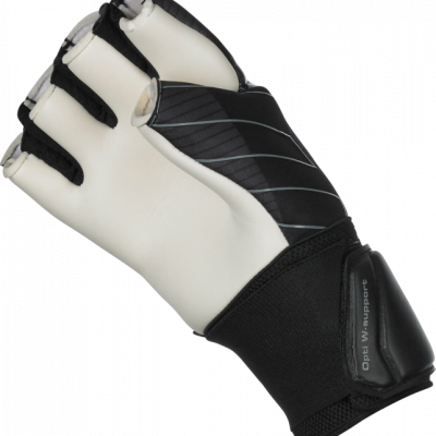 Luva de proteção preta e branca com dedos cortados e fecho ajustável com texto Opti W.support