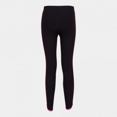 Leggings pretas com costura rosa nas laterais e cintura alta vista de trás