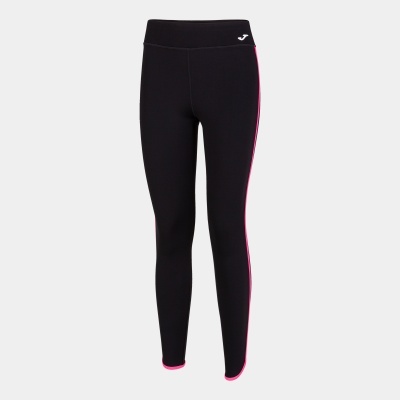 Calças legging pretas com faixas rosa laterais e logo branco da marca Joma.