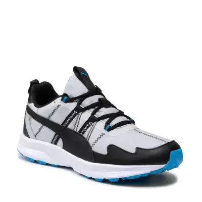 Ténis desportivo branco, preto e azul da Puma com sola azul