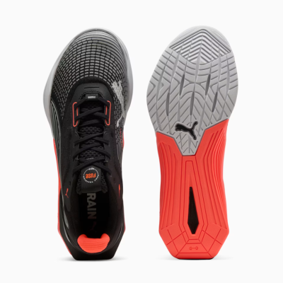 Sapatilhas Puma cinza e laranja vistas de cima e da sola