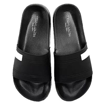 Chinelos pretos tipo slide com detalhes brancos