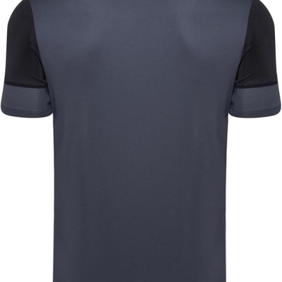Camiseta desportiva cinza escuro com mangas pretas vista de costas