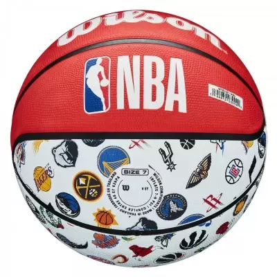 Bola de basquetebol Wilson NBA vermelha e branca com logótipos das equipas