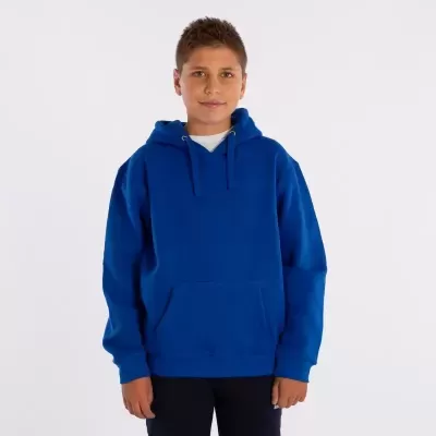 Criança com hoodie azul com capuz e bolso canguru