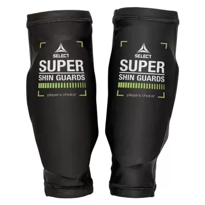 Protectores de canela pretos Select Super Shin Guards com texto branco e verde