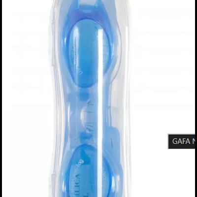 Óculos de natação azul e transparente em embalagem plástica com gancho