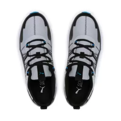 Sapatilhas Puma cinza com detalhes em preto e azul visto de cima