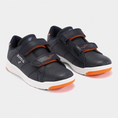 Sapatilhas infantis pretas com detalhes laranja e atacadores em velcro