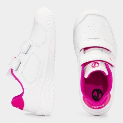 Sapatilhas infantis brancas com detalhes cor de rosa e fecho de velcro