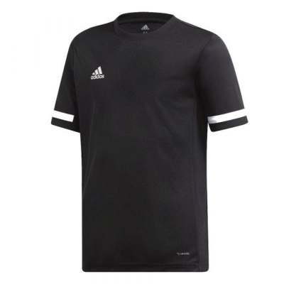 T-shirt preta Adidas com gola redonda e detalhes brancos nas mangas