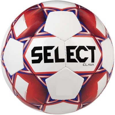 Bola de futebol branca com padrão vermelho e azul e texto SELECT CLAVA