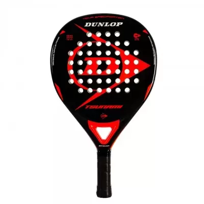 Raquete de padel preta e vermelha DUNLOP com furos e texto TSUNAMI