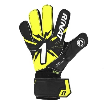Luva de guarda-redes Rinat preta e amarela com logo e texto visíveis