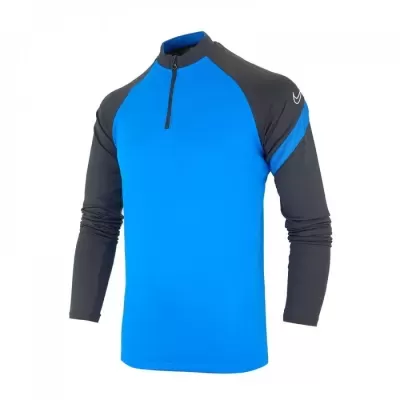Camisola desportiva azul com manga comprida cinzenta e fecho preto