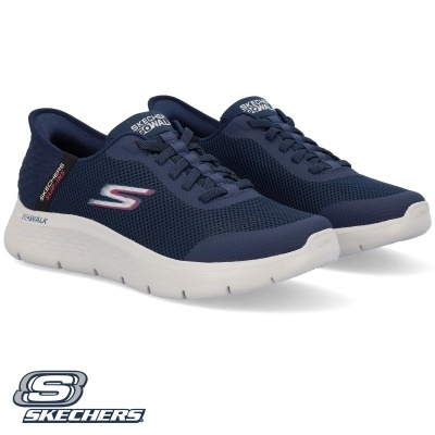 Ténis Skechers azuis escuros com sola branca e logotipo 'S' nas laterais