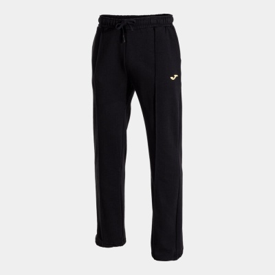 Calças de desporto pretas com logo amarelo num fundo branco