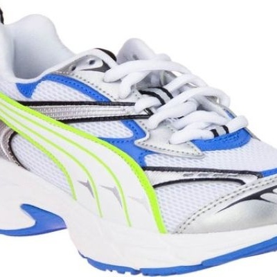 Ténis desportivos azul, branco, prateado e amarelo-neon com sola azul e branca