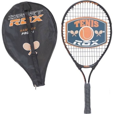 Raquete de ténis preta e laranja com capa preta e texto SPORT RUX