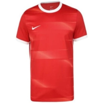 Camisola desportiva vermelha com gola e punhos brancos e logo Nike