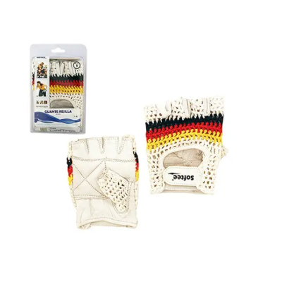 Luvas sem dedos de couro branco e croché com cores vermelho, amarelo e preto