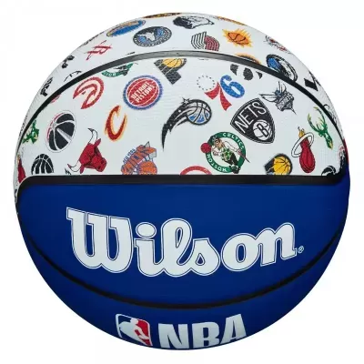 Bola de basquetebol Wilson azul e branca com logótipos NBA