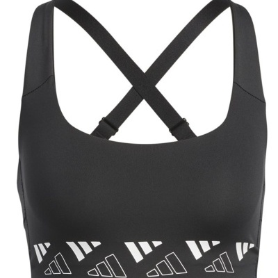 Top desportivo preto com alças cruzadas e padrão branco na faixa inferior