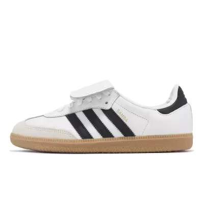 Ténis Adidas Samba branco com riscas pretas e sola castanha