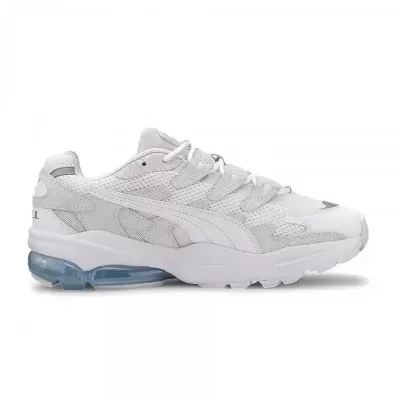 Ténis desportivos brancos com detalhes cinzentos e sola com amortecimento azul transparente.