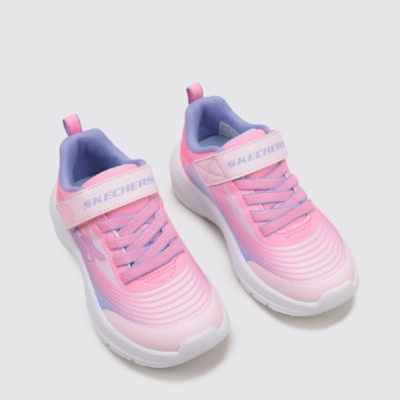 Ténis infantis rosa e lilás Skechers com sola branca e velcro
