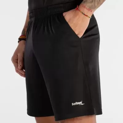 Calções pretos para homem com logotipo softec branco na perna esquerda
