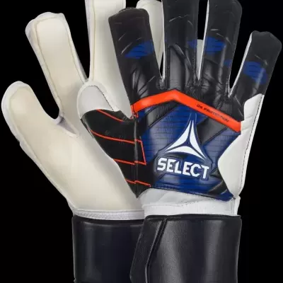 Luvas de guarda-redes brancas e pretas com detalhes em azul e laranja