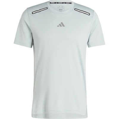T-shirt desportiva branca Adidas com logo cinzento e detalhes pretos nos ombros