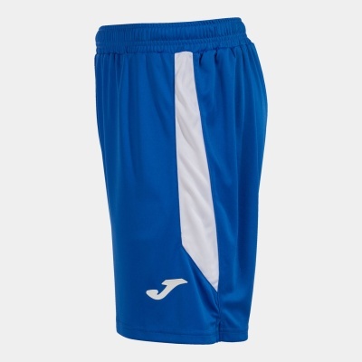 Calção desportivo azul com faixa branca lateral e logótipo Joma